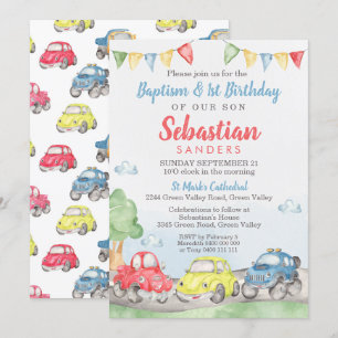 Cute Cars Baptism 1:a födelsedagsinbjudan Inbjudningar