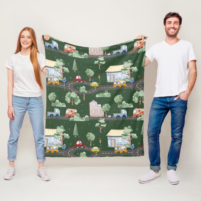 Cute Cars i Town Mönster för Little Boys Grönt Fleecefilt (På plats)