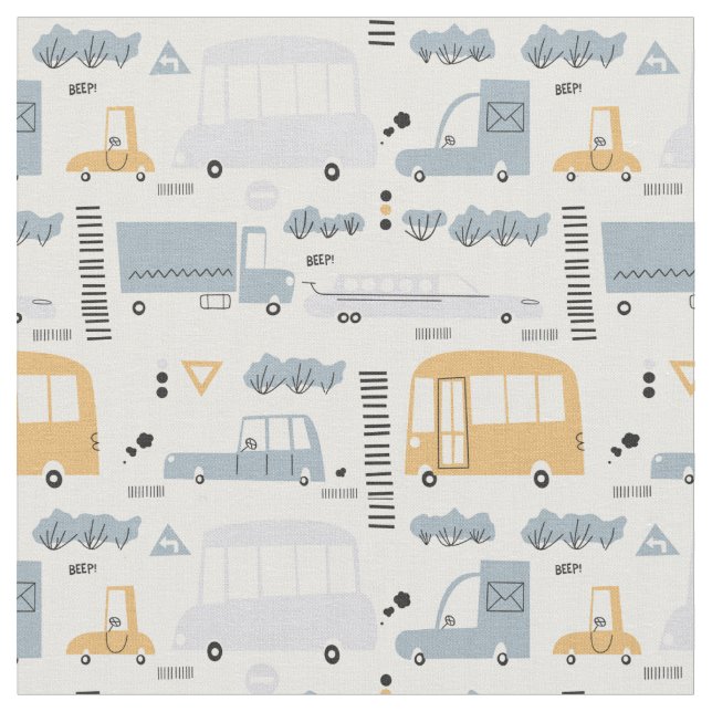 Cute Cars i Traffic Mönster Tyg (Närbild)
