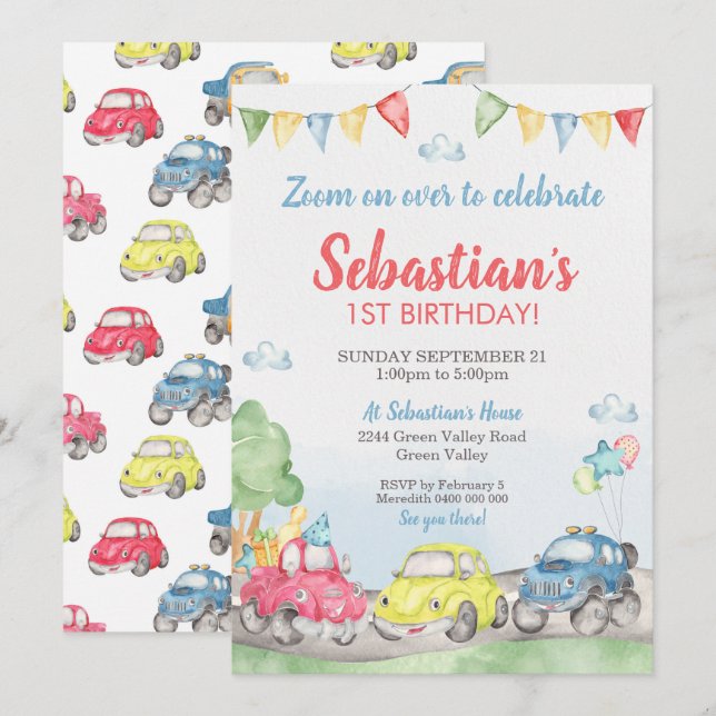 Cute Cars - inbjudan till födelsedag (Fram/baksida)