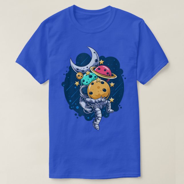 Cute Cartoon Astronaut Carry Many Planets Outer Sp T Shirt (Design framsida)