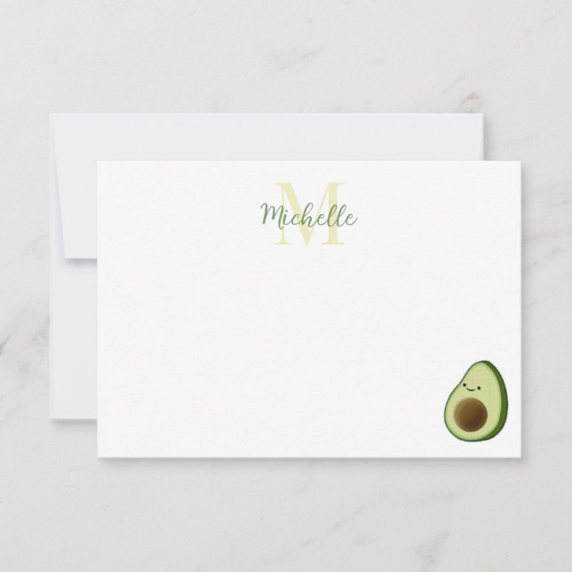 Cute Cartoon Avocado Personalized Monogram Anteckningskort (Framsida)