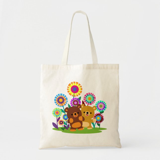 Cute Cartoon Bears' Garden Tote Bag Tygkasse (Framsidan)