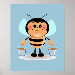 Cute Cartoon Bee Carrying Buckets of Honey Poster