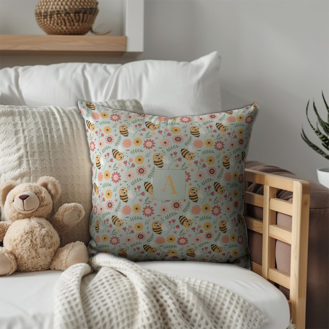 Cute cartoon bee flower yellow pattern monogram kudde (Skapare uppladdad)