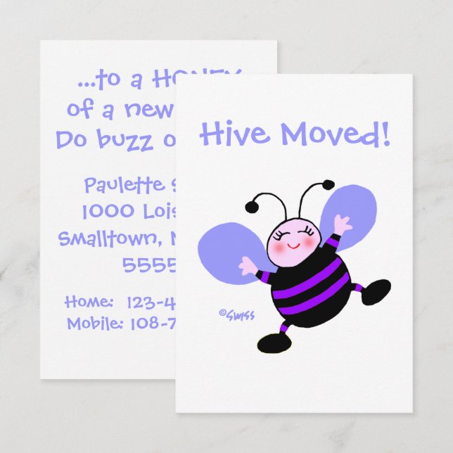 Cute Cartoon Bee Woman Moving Announcement Meddelande (Fram/baksida)