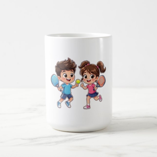 Cute Cartoon Boy and Girl Playing Padel Tennis – F Kaffemugg (Center)