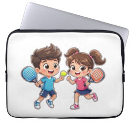 Cute Cartoon Boy and Girl Playing Padel Tennis – F Laptop Fodral
