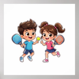 Cute Cartoon Boy and Girl Playing Padel Tennis – F Poster