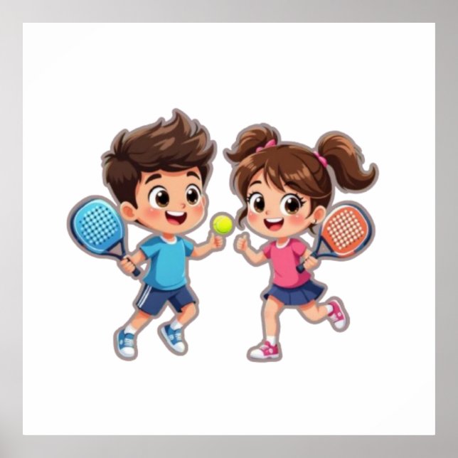 Cute Cartoon Boy and Girl Playing Padel Tennis – F Poster (Framsidan)