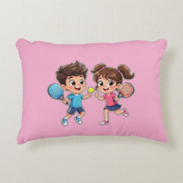 Cute Cartoon Boy and Girl Playing Padel Tennis – F Prydnadskudde