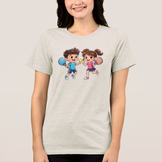 Cute Cartoon Boy and Girl Playing Padel Tennis – F T Shirt (Framsida)