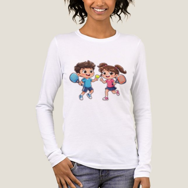 Cute Cartoon Boy and Girl Playing Padel Tennis – F T Shirt (Framsida)
