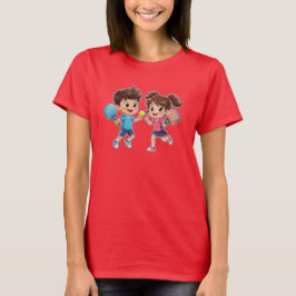 Cute Cartoon Boy and Girl Playing Padel Tennis – F T Shirt