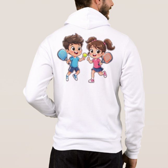Cute Cartoon Boy and Girl Playing Padel Tennis – F T Shirt (Baksida)