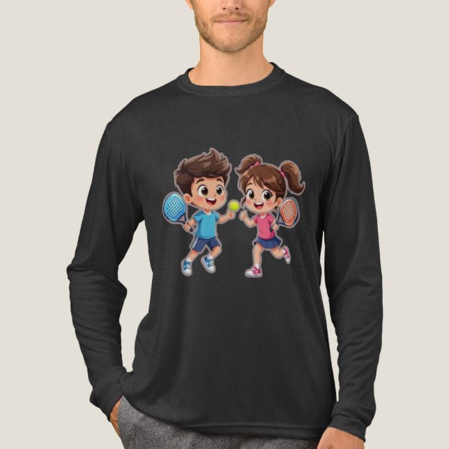 Cute Cartoon Boy and Girl Playing Padel Tennis – F T Shirt (Framsida)