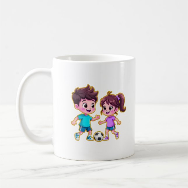 **Cute Cartoon Boy and Girl Playing Soccer Togethe Kaffemugg (Vänster)