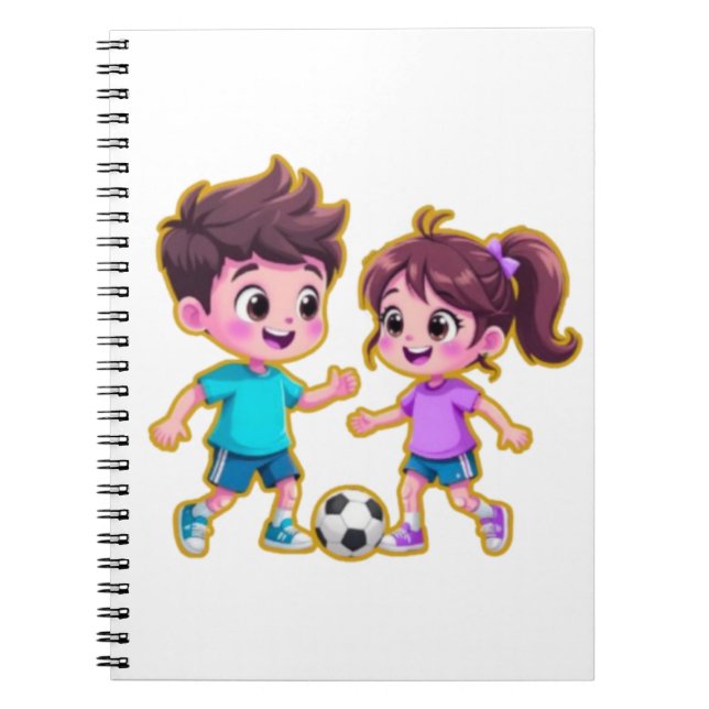 Cute Cartoon Boy and Girl Playing Soccer Together  Anteckningsbok (Framsidan)