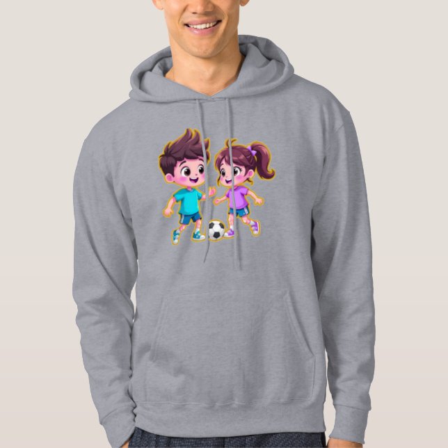Cute Cartoon Boy and Girl Playing Soccer Together  Hoodie (Framsida)