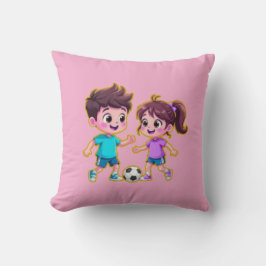 Cute Cartoon Boy and Girl Playing Soccer Together  Kudde