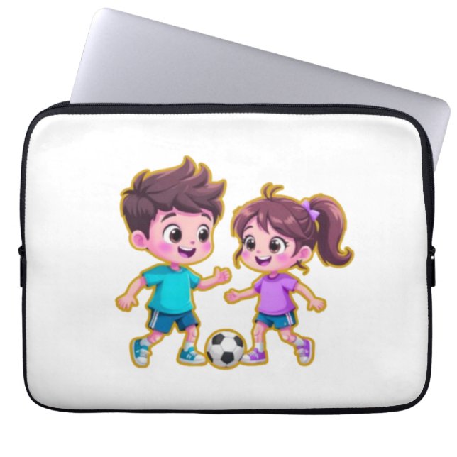 Cute Cartoon Boy and Girl Playing Soccer Together  Laptop Fodral (Framsidan)