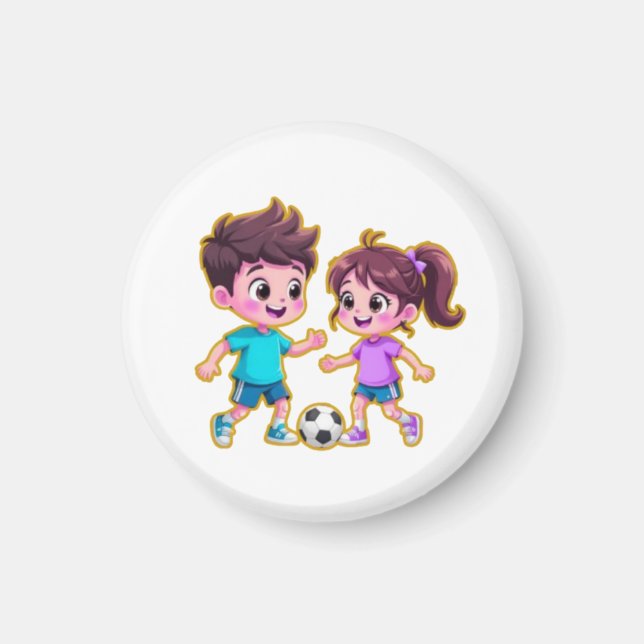 Cute Cartoon Boy and Girl Playing Soccer Together  Magnet (Framsidan)