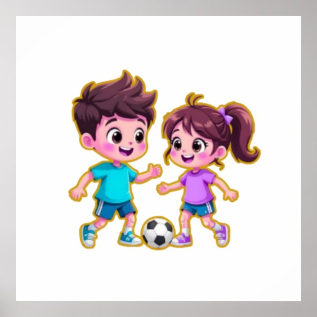 Cute Cartoon Boy and Girl Playing Soccer Together  Poster (Framsidan)