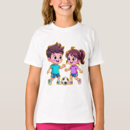 Cute Cartoon Boy and Girl Playing Soccer Together  T Shirt