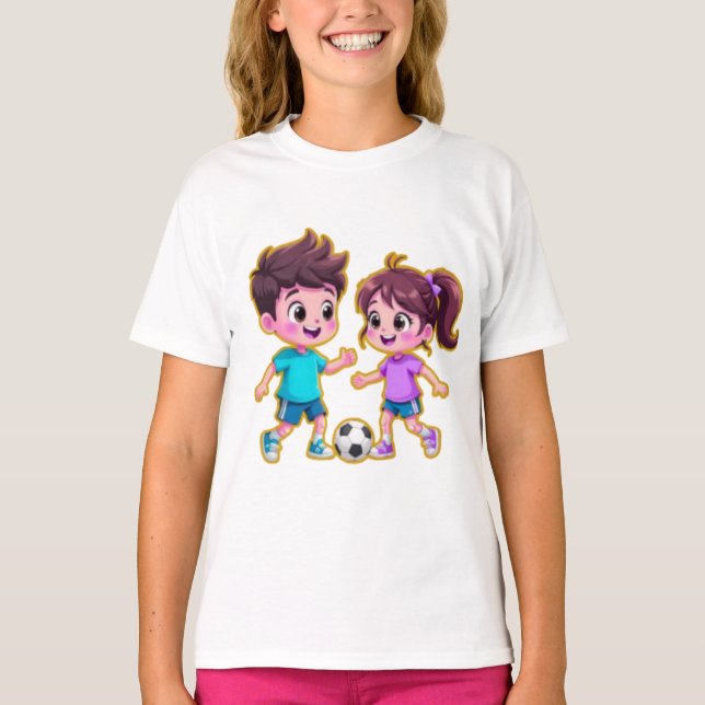 Cute Cartoon Boy and Girl Playing Soccer Together  T Shirt (Framsida)