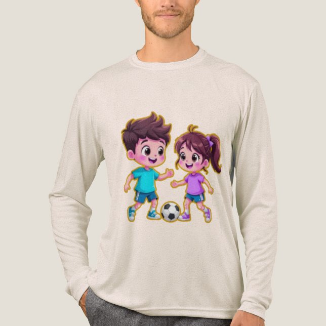 Cute Cartoon Boy and Girl Playing Soccer Together  T Shirt (Framsida)