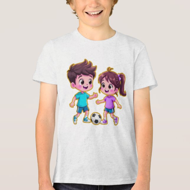 Cute Cartoon Boy and Girl Playing Soccer Together  T Shirt (Framsida)