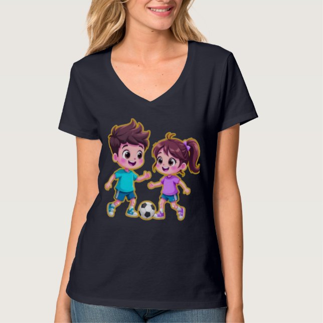 Cute Cartoon Boy and Girl Playing Soccer Together  T Shirt (Framsida)
