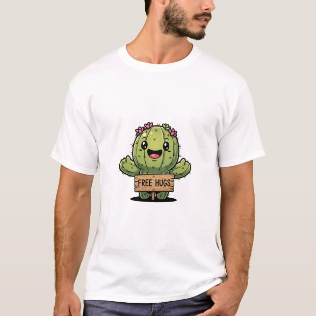 Cute Cartoon Cactus Character Offering Free Hugs T Shirt (Framsida)