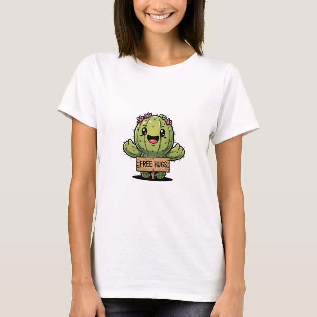 Cute Cartoon Cactus Character Offering Free Hugs T Shirt (Framsida)