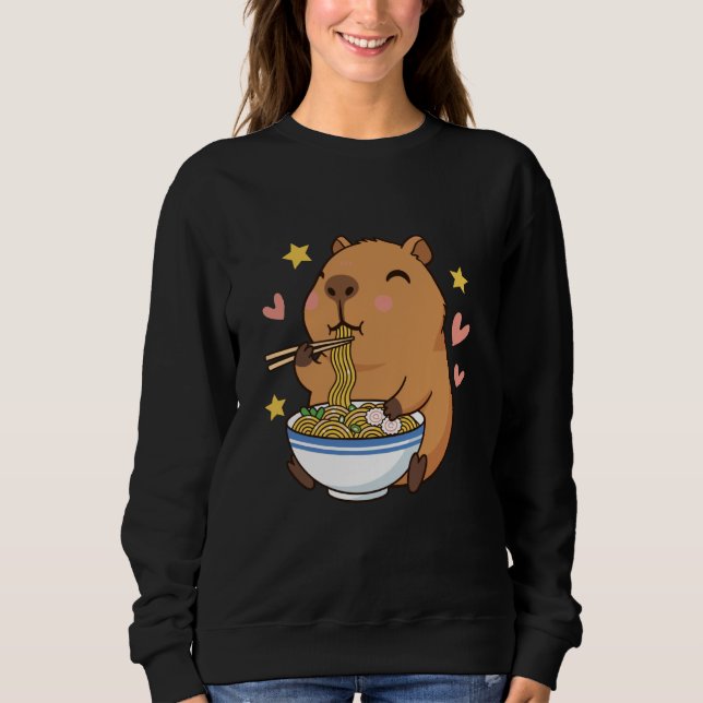 Cute Cartoon Capybara Eating Ramen with Chopsticks T Shirt (Framsida)