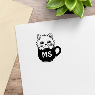 Cute Cartoon Cat Coffee Mug Monogram Initial 1x1 Stämpel