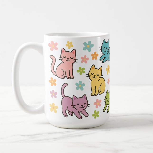 Cute Cartoon Cat & Flower Mug – Spring Pastel  Kaffemugg (Vänster)