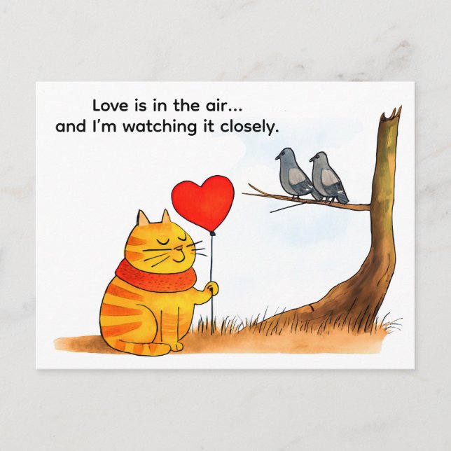 Cute Cartoon Cat Holding Heart Balloon Illustratio Vykort (Framsida)