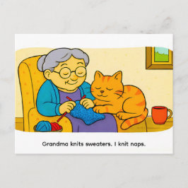 Cute Cartoon Cat Resting on Knitting Grandma Vykort