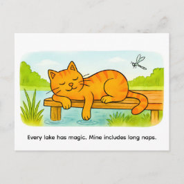 Cute Cartoon Cat Resting on Wooden Dock Vykort