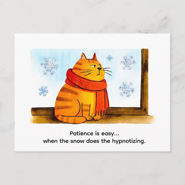 Cute Cartoon Cat Sitting at Snowy Window Vykort (Framsida)