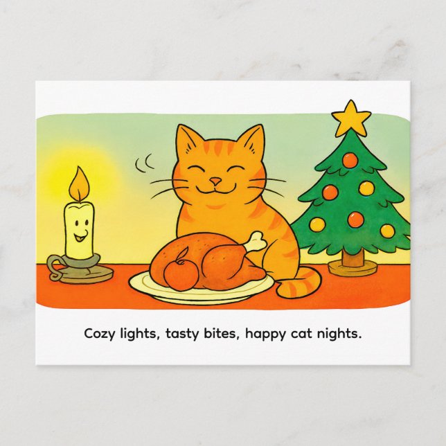 Cute Cartoon Cat Sitting by Christmas Candle Vykort (Framsida)