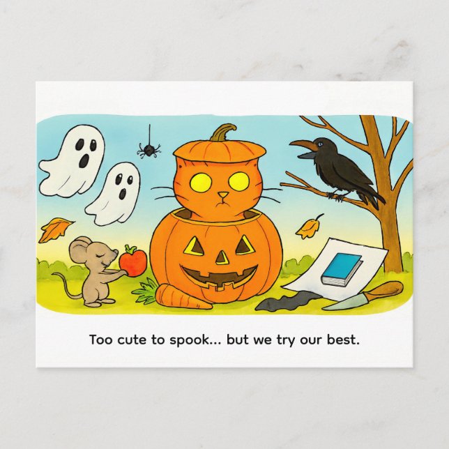 Cute Cartoon Cat Sitting in Pumpkin Costume Vykort (Framsida)