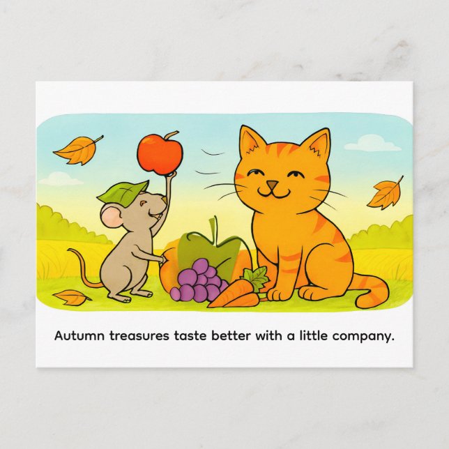 Cute Cartoon Cat With Mouse and Heart Balloon Vykort (Framsida)