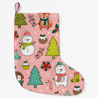 Cute cartoon character, pine trees and christmas e liten julstrumpa