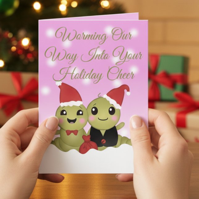 Cute Cartoon Character Pink Christmas  Helgkort (Festive pun card for friends, teens, or coworkers.)