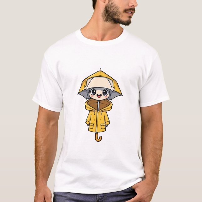 Cute Cartoon Character Wearing Yellow Raincoat T Shirt (Framsida)