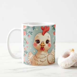 Cute Cartoon Chicken, Colorful Floral. Farm Animal Kaffemugg