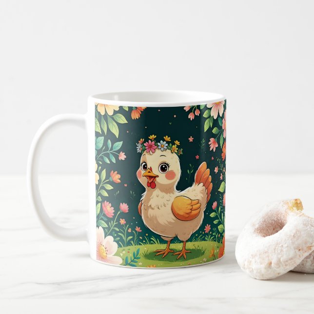 Cute Cartoon Chicken, Colorful Floral. Farm Animal Kaffemugg (Med munk)