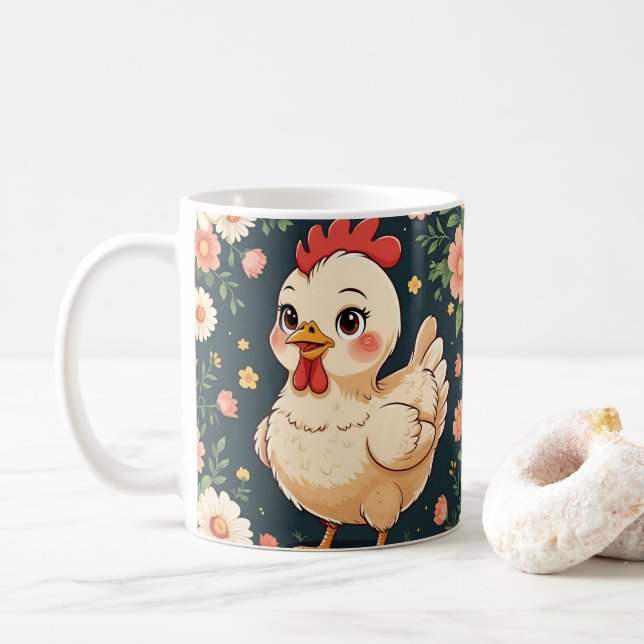 Cute Cartoon Chicken, Colorful Floral. Farm Animal Kaffemugg (Med munk)